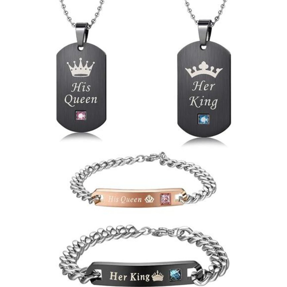 Couples Necklaces Bracelets Set for Him & Her,His Queen Her King Couples Jewelry